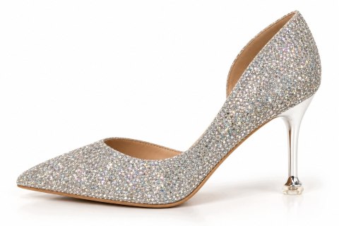 Czółenka Damskie Srebrne Glamour Brokatowe Eleganckie Szpilki Roz. 37