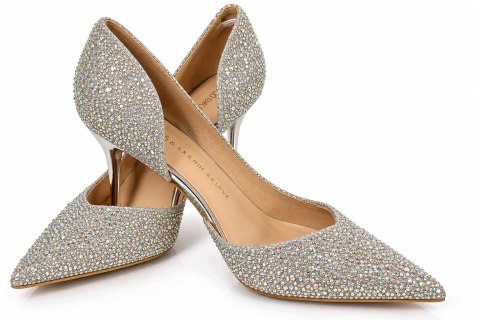 Czółenka Damskie Srebrne Glamour Brokatowe Eleganckie Szpilki Roz. 39