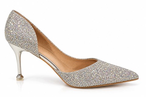 Czółenka Damskie Srebrne Glamour Brokatowe Eleganckie Szpilki Roz. 39