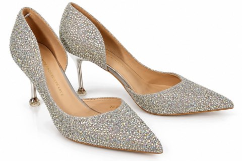 Czółenka Damskie Srebrne Glamour Brokatowe Eleganckie Szpilki Roz. 40