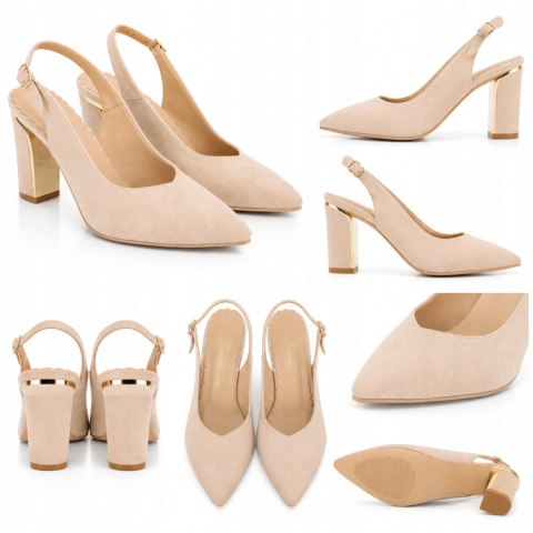 Eleganckie Czółenka Damskie Beżowe Zamszowe Słupek Szpic Produkt Polski 40